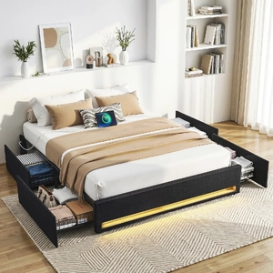 Bed Frame with Storage Drawers RGB Lights Charging Station Upholstered Fabric