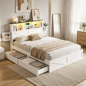 Bed Frame with Storage Drawers White Platform Bedframe with Bookcase Headboard Charging Station Led Light