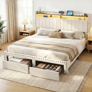 Upholstered Bed Frame with Shelf Storage Drawers Charging Station Mood Lighting Linen