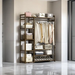 Bamboo Garment Rack Garment Closet Storage Organizer Hanging Rail Shelf Dress room