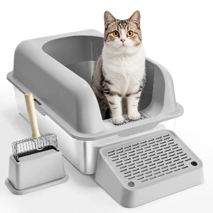 VEVOR Cat Litter Box, Deep, XL Extra Large Stainless Steel Cat Litter Box with Scoop, Wide Filtering Foot Board & High Sides, Enclosed Odor-Fre
