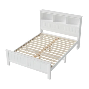 Bed Frame Double Wooden with 3 Shelves Bed Head White