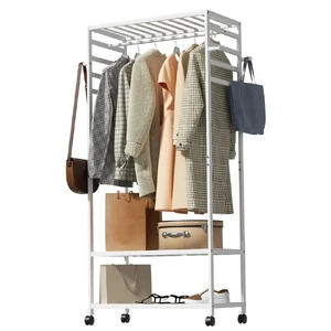 XXL Bamboo Clothes Rail Coat Rack with Wheels, Wooden Open Wardrobe Garment Organizer with Hanging Rod, Shelves and Hooks, White Freestanding Clothes