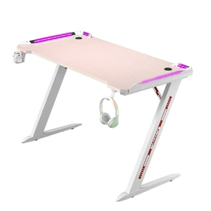 RGB Gaming Desk Home Office Carbon Fiber LED Lights Game Racer Computer Piece Table Z-Shaped Pink