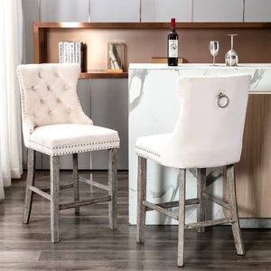 Velvet Bar Stools with Studs Trim Wooden Legs Tufted Dining Chairs Kitchen