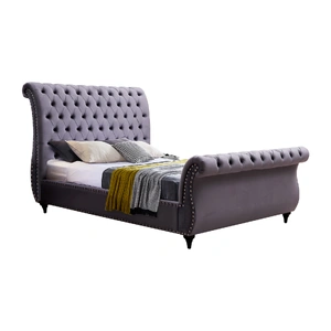 Sleigh Bedframe Velvet Upholstery Tufted Headboard And Footboard Deep Quilting