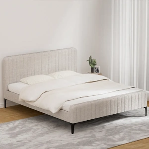 Bed Frame Bed Base w Headboard Fabric Wooden Slats Metal Legs