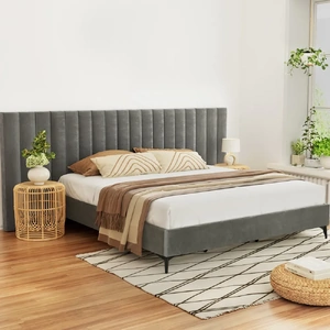 Bed Frame Bed Base w Oversized Headboard Velvet Fabric