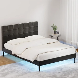 Bed Frame Bed Base w LED Lights Charge Ports Leather RAVI