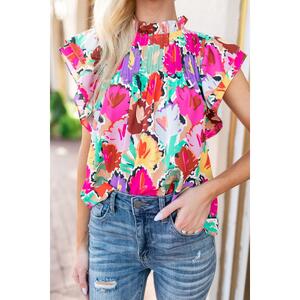 Azura Exchange Abstract Floral Print Frilled Neck Pleated Blouse