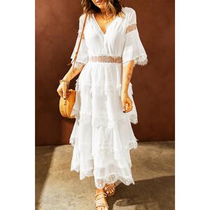 Azura Exchange Swiss Dot Print Lace Patch Layered Long Dress
