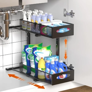 CARLA HOME 2 Tier Under Sink Organizer Pull Out Sliding Cabinet Storage Shelving Unit with Height Adjustable for Kitchen, Bathroom or Laundry Room