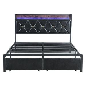 Metal Bed Frame LED Lights 2 Drawers