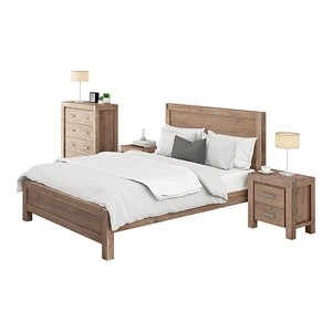 Bedroom Suite in Solid Wood Veneered Acacia Construction Timber Slat Size Oak Colour Bed, Bedside Table, Tallboy & Dresser