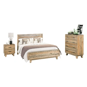 Bedroom Suite Size in Solid Wood Antique Design Light Brown Bed, Bedside Table & Tallboy