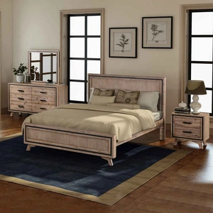 Bedroom Suite Size Silver Brush in Acacia Wood Construction Bed, Bedside Table & Dresser