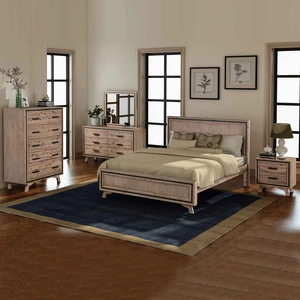 Bedroom Suite Size Silver Brush in Acacia Wood Construction Bed, Bedside Table, Tallboy & Dresser