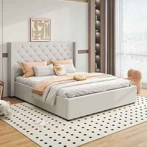 Veronica Bed Frame Winged Linen Fabric Seam Grid Pattern with gas lift plywood metal structure