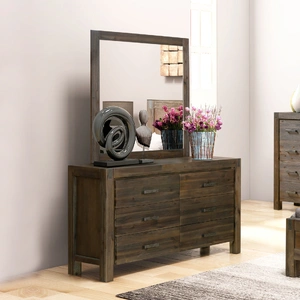 Dresser with 6 Storage Drawers in Solid Acacia & Veneer with Mirror in Chocolate