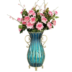51cm Glass Tall Floor Vase with 12pcs Pink Artificial Artificial Flower Set
