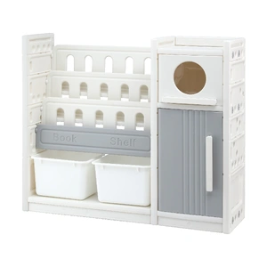 Kids Bookshelf and Toy Storage Organizer with 3-Tier Bookshelvs, 2 Removable Bins and 2 Storage Cabinets, Toddler Bookshelf with Toy Organizer for Kid