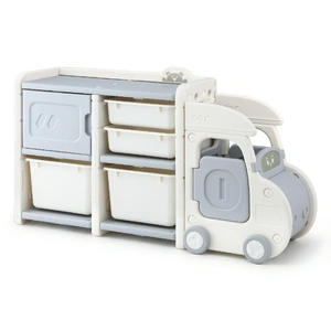 Toy Storage Organizer with 4 Storage Bins and Cabinet, Bookcase Kids Toys Box, Toy Storage for Kids Room, Playroom, Bedroom, Nursery, Car Shaped