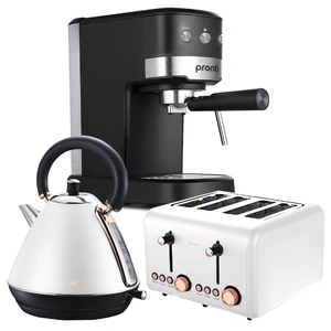 Breakfast Set with Rose Gold Kettle & Toaster with 1.25L Espresso Machine - White