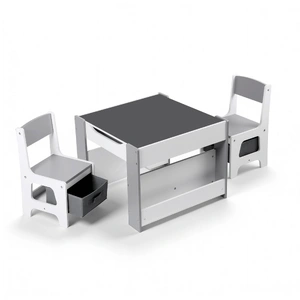 Kids Table and Chair Set, 4 in 1 Wooden Activity Table with Bookcase, Storage Box and Detachable Blackboard, Toddler Table and 2 Chairs Set, Grey