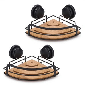 CARLA HOME 2 Pack Round Bamboo Corner Shower Caddy Shelf Basket Rack with Premium Vacuum Suction Cup No-Drilling for Bathroom and Kitchen