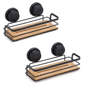 CARLA HOME 2 Pack Rectangular Bamboo Corner Shower Caddy Shelf Basket Rack with Premium Vacuum Suction Cup No-Drilling for Bathroom and Kitchen