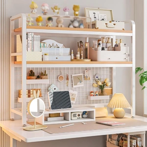 2-Tier Metal Desktop Hutch Bookshelf with Grid Panel for Computer Desk and Office Countertop