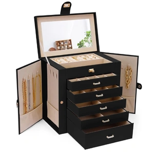 6-Layer Large Jewelry Box for Women with Drawers, Mirror, Lock, Necklace Hooks & Side Compartments for Rings, Earrings, Bracelets, Gifts (Black)