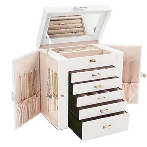 6-Layer Large Jewelry Box for Women with Drawers, Mirror, Lock, Necklace Hooks & Side Compartments for Rings, Earrings, Bracelets, Gifts (White)