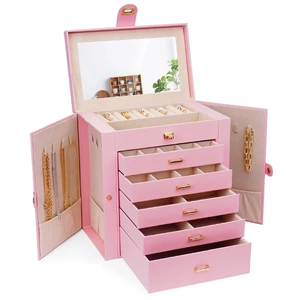 6-Layer Large Jewelry Box for Women with Drawers, Mirror, Lock, Necklace Hooks & Side Compartments for Rings, Earrings, Bracelets, Gifts (Pink)