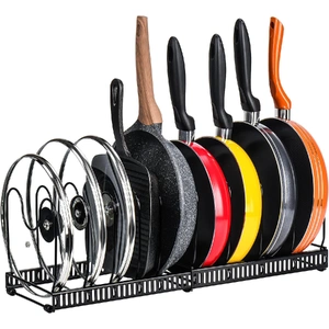 CARLA HOME Expandable Pot and Pan Organizer Rack for Cabinet with 10 Adjustable Dividers, Lid & Cookware Holder for Kitchen Pantry or Countertop Stora