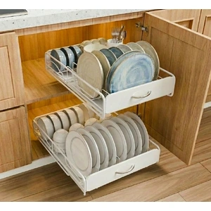 2 Pack Pull Out Dish Rack for Kitchen Cabinet with Slide Out Drawer Organizer for Plates, Bowls & Utensils