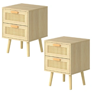 2x Bedside Tables Set Wooden Side Table Nigntstand Bedroom Rattan Drawers