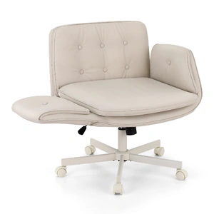 Criss Cross Chair with Wheels & Adjustable Armrests, Ergonomic Cross Legged Office Desk Chair PU Leather Vanity Chair Swivel for Home, Make Up, Bedroo
