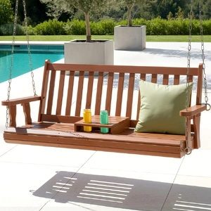 Porch Outdoor Swing Chair Patio Furniture Wooden Bench 2 Seat Cup Holder