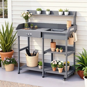 Outdoor Potting Bench Table Storage Cabinet Potters Garden Workstation Grey