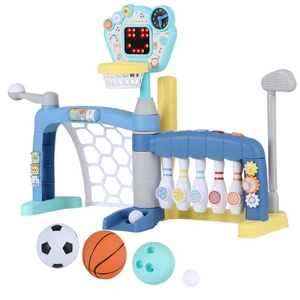 Kids Basketball Hoop Stand Bowling Baseball Golf Game Sports Toys Set Blue