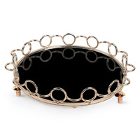 38cm Black-Colored Round Mirror Glass Metal Tray Vanity Makeup Perfume Jewelry Organiser with Bronze Metal Frame Handles