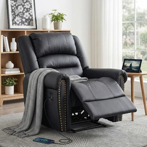 Leather Manual Recliner Chair with USB Charge Port, Overstuffed Armchair Sofa for Living Room and Nursery, Asjustable Theater Reclining Lounge with Co