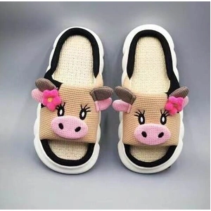 Unisex Cow Cartoon Linen Slippers: EVA Thick Sole Non-Slip Beach Sandals for Couples & Parent-Child, 7 Styles(khaki-39-40)