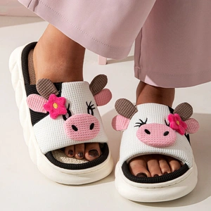 Unisex Cow Cartoon Linen Slippers: EVA Thick Sole Non-Slip Beach Sandals for Couples & Parent-Child, 7 Styles(white-43-44)
