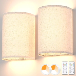 Battery Operated Wall Sconces Set of Two, Rechargeable Wall Lamp with Remote, 3 Colors Dimmable Fabric Wireless Sconces Wall Decor Set of 2 with Timer
