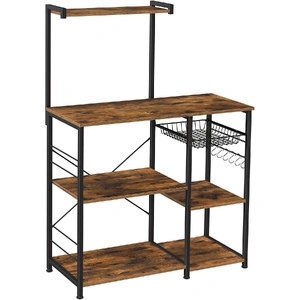 Kithcen Baker's Rack with Shelves Microwave Stand with Wire Basket and 6 S-Hooks Rustic Brown