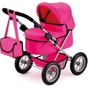 Foldable Dolls Pram with Height-Adjustable Handle and Shoulder Bag, Stable, Pink