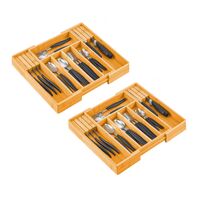 2 Pack Large Capacity Bamboo Expandable Drawer Organizer with Knife Block Holder for Home Kitchen Utensils