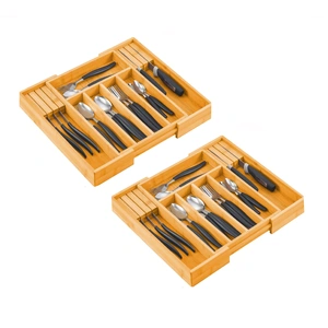 2 Pack Large Capacity Bamboo Expandable Drawer Organizer with Knife Block Holder for Home Kitchen Utensils